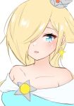  1girl among_us among_us_eyes_(meme) bare_shoulders blonde_hair blue_dress blue_eyes blush brooch crown crying crying_with_eyes_open dress earrings hair_over_one_eye highres jewelry long_hair mario_(series) meme open_mouth rosalina single_earring solo star_(symbol) star_earrings strapless strapless_dress tears tomatomiya upper_body white_background 
