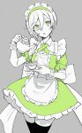  1girl :o alternate_costume apron back_bow bangs bow cowboy_shot cross-laced_clothes cross_tie cup detached_collar dot_nose dress enmaided frilled_cuffs frilled_dress frills fuji_fujino green_dress green_eyes grey_background hair_between_eyes highres holding holding_cup holding_kettle layered_sleeves looking_at_viewer magia_record:_mahou_shoujo_madoka_magica_gaiden mahou_shoujo_madoka_magica maid maid_headdress parted_lips puffy_short_sleeves puffy_sleeves sasame_yozuru short_dress short_hair short_sleeves simple_background solo swept_bangs thighhighs 