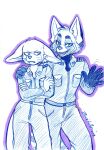  ailurid annoyed anthro canid canine charlie_(razumi) clothing crossed_arms duo embrace female fennec fox gesture greyscale happy hi_res hug jumpsuit male male/female mammal matthews(razumi) military military_uniforms monochrome pose red_panda size_difference traditional_media_(artwork) uniforms waving zwiebelprinz 