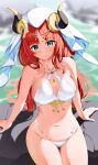  1girl absurdres aqua_eyes bangs bare_arms bare_shoulders beads bikini bluerabbit_gap blurry blurry_background blush breasts commentary_request day forehead_jewel genshin_impact highres horns large_breasts long_hair looking_at_viewer navel nilou_(genshin_impact) outdoors parted_bangs red_hair sitting smile solo stomach swimsuit thighs veil wet white_bikini 