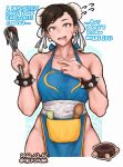  1girl apron artist_name breasts brown_eyes brown_hair bun_cover chocolate chocolate_on_face chun-li collar collarbone cowboy_shot dated double_bun earrings english_text flying_sweatdrops food food_on_face hair_bun hershuar jewelry large_breasts naked_apron solo spiked_collar spikes spoon street_fighter street_fighter_ii_(series) sweatdrop whisk 