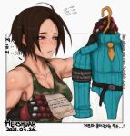  1girl artist_name breasts brown_eyes brown_hair camouflage camouflage_tank_top cleavage dated english_text flying_sweatdrops gloves hershuar kazama_akira korean_text large_breasts letter medium_hair solo street_fighter street_fighter_v sweat translation_request turtleneck_leotard upper_body web_address 