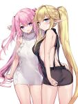  2girls :p aran_sweater backless_dress backless_outfit bangs bare_arms bare_shoulders black_sweater blonde_hair blue_eyes brave_girl_ravens chiffon_maxwell claire_edgeworth closed_mouth commentary_request dress hair_between_eyes hair_intakes head_tilt long_hair meme_attire multiple_girls pink_hair pointy_ears ponytail purple_eyes satsuki_misuzu signature simple_background sleeveless sleeveless_turtleneck smile sweater sweater_dress tongue tongue_out turtleneck turtleneck_sweater two_side_up very_long_hair virgin_killer_sweater white_background white_sweater 