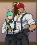  2boys alcohol animal_ears bara blue_hair blurry blurry_background blush bottle bulge collared_shirt facial_hair feet_out_of_frame gany_(gyee) gloves green_eyes gyee highres knife looking_at_viewer male_focus manly mature_male multiple_boys muscular muscular_male musso_(gyee) pants pectoral_cleavage pectorals plate rabbit_ears red_hair scar scar_on_face shirt short_hair spiked_hair stubble tan tb_kid0man tight weapon wine wine_bottle 