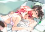  2girls biting black_hair black_thighhighs blush bra breasts couch gradient_hair green_eyes hair_bun hair_ornament hairclip happy hareta hickey love_live! love_live!_nijigasaki_high_school_idol_club lying_on_person multicolored_hair multiple_girls pink_hair school_uniform takasaki_yuu thighhighs uehara_ayumu underwear yuri 