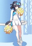  1girl animal_ears bangs bare_arms bare_legs bare_shoulders black_hair blue_archive blush breasts cheerleader crop_top dog_ears dog_tail full_body goggles goggles_on_head hand_up heart hibiki_(blue_archive) hibiki_(cheerleader)_(blue_archive) highres holding holding_pom_poms long_hair looking_at_viewer midriff miniskirt notice_lines parted_lips pom_pom_(cheerleading) shoes skirt solo standing tail tsukinami_kousuke white_footwear white_skirt 