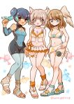  3girls absurdres animal_ears bikini bikini_skirt blue_hair breasts brown_hair cat_ears chest_jewel cleavage eunie_(xenoblade) fiery_hair full_body glowing_lines grey_hair head_wings highres mio_(xenoblade) multiple_girls navel official_alternate_costume sandals sena_(xenoblade) side_ponytail simple_background smile standing stomach swimsuit terra_(hoshigokure) xenoblade_chronicles_(series) xenoblade_chronicles_3 