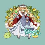  1girl :3 artist_name bangs blonde_hair blue_dress blue_eyes blue_flower blue_footwear cape cherry closed_mouth cocktail commentary_request crown cup dalcom_(ragnarok_online) dress drill_hair drinking_glass eyes_visible_through_hair flower food fruit full_body fur_cape green_background hair_between_eyes hair_flower hair_ornament hair_over_one_eye holding holding_cup long_hair long_sleeves looking_at_viewer princess_meer ragnarok_online red_cape red_flower ro_mugi shoes slime_(creature) smile standing twintails very_long_hair wine_glass wreath yellow_flower 