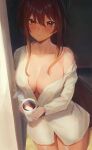  1girl absurdres bangs blush breasts brown_eyes brown_hair cleavage cowboy_shot cup dress_shirt drink highres holding holding_cup holding_drink large_breasts looking_at_viewer naked_shirt original parted_lips rororo shirt sidelocks single_bare_shoulder solo standing steam white_shirt 