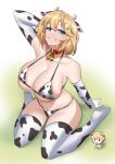  1girl absurdres altronage animal_print arm_behind_head arm_support arm_up bell bikini blonde_hair blue_eyes breasts collar cow_print cowbell elbow_gloves gloves hair_ornament highres hololive hololive_english large_breasts monocle_hair_ornament navel neck_bell print_bikini print_gloves print_thighhighs red_collar short_hair sitting solo swimsuit thighhighs virtual_youtuber wariza watson_amelia 