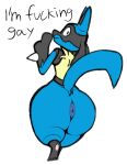  anthro anus big_butt butt generation_4_pokemon gesture hi_res looking_at_viewer lucario male nintendo pokemon pokemon_(species) puffy_anus simple_background snowcario_(artist) solo spikes spikes_(anatomy) text thumbs_up video_games 