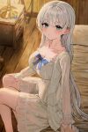  1girl bangs blue_eyes blush breasts cleavage collarbone dress grey_hair highres large_breasts long_hair long_sleeves looking_at_viewer open_clothes open_shirt original shirt sitting solo_focus sonchi white_dress white_shirt 