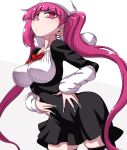  1girl black_dress bleach breasts closed_mouth dokugamine_riruka dress hanya_(hanya_yashiki) highres long_hair medium_breasts nail_polish pink_eyes pink_hair purple_hair simple_background solo twintails very_long_hair white_background 