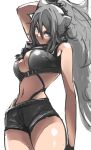  1girl :&lt; animal_ears arknights arm_behind_head arm_up bangs bare_arms bare_shoulders black_shorts breasts brown_eyes cat_ears cleavage closed_mouth cowboy_shot crop_top grey_hair hair_between_eyes highres large_breasts long_hair looking_at_viewer milleyoshio navel ponytail reverse_cowgirl_position schwarz_(arknights) short_shorts shorts simple_background solo stomach straddling v-shaped_eyebrows very_long_hair white_background 