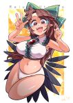  1girl :d bow breasts cape carte character_name chest_jewel covered_nipples cropped_legs green_bow hair_bow highres long_hair looking_at_viewer navel open_mouth reiuji_utsuho smile solo teeth touhou upper_teeth w wings 