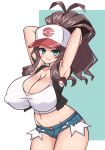  1girl baseball_cap black_vest blue_eyes breasts brown_hair chro_(rulurullu) curly_hair cutoffs denim denim_shorts exposed_pocket hat high_ponytail hilda_(pokemon) huge_breasts long_hair navel pokemon pokemon_(game) pokemon_bw shirt short_shorts shorts sidelocks sleeveless sleeveless_shirt solo tank_top vest white_shirt wristband 