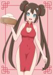  1girl bangs bare_arms blue_eyes breasts bright_pupils brown_hair character_hair_ornament china_dress chinese_clothes cleavage cleavage_cutout clothing_cutout commentary_request covered_navel double_bun doughnut_hair_bun dress framed hair_bun hair_ornament hand_up highres holding long_hair open_mouth pink_background pokemon pokemon_(game) pokemon_bw2 ppmmkoko360 rosa_(pokemon) solo teeth tongue twintails upper_teeth white_pupils 