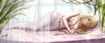  1girl absurdres areola_slip bare_arms bare_shoulders blonde_hair breasts curtains dress highres large_breasts long_hair lying navel nori_chazuke on_bed on_side original pantyhose plant purple_eyes sleeveless sleeveless_dress tile_wall tiles white_dress white_pantyhose 