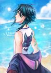  1boy arm_tattoo bare_shoulders beach closed_mouth genshin_impact green_hair hood hoodie leorenart male_focus multicolored_hair ocean purple_hoodie solo tank_top tattoo two-tone_hair white_tank_top xiao_(genshin_impact) yellow_eyes 