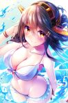  1girl absurdres bare_shoulders bikini black_hair blush breasts brown_eyes collarbone frilled_bikini frills hair_ornament hairband hairclip haruna_(kancolle) headgear highres innertube kantai_collection large_breasts long_hair looking_at_viewer navel ripples smile solo swimsuit thighs tsukui_kachou water white_bikini wristband 