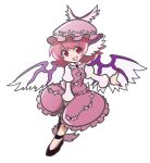  1girl animal_ears bird_ears bird_wings black_footwear brown_dress brown_headwear dress fingernails frilled_dress frills full_body hat long_fingernails long_sleeves mystia_lorelei nail_polish open_mouth parody pink_hair puyopuyo red_eyes red_nails sharp_fingernails shinmon_akika shoes short_hair simple_background smile solo style_parody touhou white_background white_wings winged_footwear winged_hat wings 