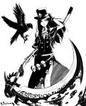  absurdres ascot belt bird black_suit crow fingerless_gloves formal gloves guilty_gear guilty_gear_strive hat highres holding holding_scythe kkj258 long_hair monochrome scythe skirt skull suit testament_(guilty_gear) top_hat 