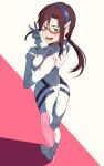  1girl :d ass blue_eyes blush bodysuit breasts brown_hair evangelion:_3.0+1.0_thrice_upon_a_time from_behind full_body glasses hairband highres long_hair looking_at_viewer makinami_mari_illustrious medium_breasts neon_genesis_evangelion plugsuit rebuild_of_evangelion red-framed_eyewear smile solo standing standing_on_one_leg twintails v yakisobaosu 