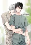  2boys artist_name bishounen black_hair blurry blurry_background brown_eyes closed_eyes closed_mouth colored_eyelashes couple cowboy_shot dot_nose drawstring eyelashes gearous gradient gradient_background green_shirt grey_hair grey_pants grey_shirt hair_between_eyes hair_over_one_eye half-closed_eyes hand_in_pants hand_under_clothes hand_under_shirt happy head_on_another&#039;s_shoulder highres hug hug_from_behind katsuki_yuuri light_blush light_smile lips looking_at_another looking_back male_focus multiple_boys navel pants parted_lips shirt short_sleeves simple_background standing stomach sweatpants two-tone_background viktor_nikiforov yaoi yuri!!!_on_ice 