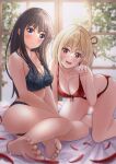  2girls :d akiyama0818 all_fours bed_sheet black_hair blonde_hair blurry blurry_background blush breasts cleavage closed_mouth hair_ribbon highres inoue_takina large_breasts long_hair lycoris_recoil medium_breasts multiple_girls nishikigi_chisato one_side_up open_mouth petals purple_eyes red_eyes ribbon short_hair sitting smile straight_hair underwear underwear_only window 