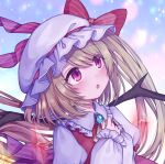  1girl blonde_hair blue_background bow crystal flandre_scarlet gradient gradient_background hands_on_own_chest hat hat_bow long_hair mob_cap one_side_up open_mouth red_bow red_eyes rnkgmn solo striped striped_bow touhou upper_body white_headwear wings 