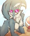  anthro ball beach beach_ball breasts canid canine canis eyewear female hi_res holding_breast illumination_entertainment inflatable kneeling kyron-ladon light looking_at_viewer mammal nude open_mouth porsha_crystal seaside sing_(movie) smile solo sunglasses sunlight wet wolf 