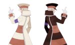  2boys black_coat black_headwear brothers coat emmet_(pokemon) gloves grey_eyes grey_hair hand_up hat high_collar index_finger_raised ingo_(pokemon) jaho long_sleeves male_focus multiple_boys open_mouth peaked_cap pokemon pokemon_(game) pokemon_bw short_hair siblings simple_background trench_coat white_background white_coat white_gloves white_headwear 