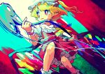  1girl ascot blonde_hair bobby_socks doggo_1d34 embodiment_of_scarlet_devil flandre_scarlet hat highres holding holding_polearm holding_weapon laevatein_(touhou) medium_hair mob_cap multicolored_background open_mouth pointy_ears polearm red_eyes red_skirt red_vest shirt side_ponytail signature skirt skirt_set socks solo touhou vest weapon white_headwear white_shirt white_socks yellow_ascot 