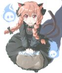  1girl animal_ears ao-shiba bag blush_stickers braid cat_ears cat_tail dress fang from_above hitodama holding holding_bag kaenbyou_rin looking_at_viewer multiple_tails nekomata red_eyes red_hair shadow skull solo tail touhou twin_braids v_arms 