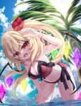  1girl absurdres bent_over bikini blonde_hair blue_sky breasts cleavage cloud crystal fangs flandre_scarlet flower hair_flower hair_ornament hand_on_own_thigh highres large_breasts long_hair looking_at_viewer navel ocean one_side_up open_mouth outdoors palm_tree partially_submerged red_bikini red_eyes red_flower s_vileblood skin_fangs sky solo standing swimsuit touhou tree wings 