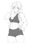  1girl abs bike_shorts blush braid cameltoe closed_mouth collarbone greyscale hand_on_hip highres hong_meiling long_hair looking_at_viewer monochrome muscular muscular_female navel one_eye_closed ootsuki_wataru simple_background solo sports_bra standing sweat touhou towel 