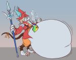  2022 air_puff anthro armor barefoot belly belly_inflation big_belly bottomwear burmecian claws clothed clothing eggo21 feet female final_fantasy final_fantasy_ix freya_crescent hair headgear helmet hi_res holding_object holding_staff hyper hyper_belly inflated_belly inflation jacket mammal navel pants raised_tail rodent shirt side_view solo square_enix staff standing tiptoes toe_claws topwear video_games 