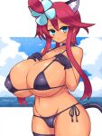  1girl animal_ears bikini blue_eyes breasts cat_ears cat_girl cat_tail chro_(rulurullu) dark-skinned_female dark_skin hair_ornament huge_breasts one_side_up pokemon red_hair short_hair_with_long_locks sidelocks skyla_(pokemon) solo swimsuit tail 