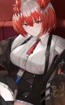  1girl absurdres arknights bangs black_gloves black_jacket black_skirt breasts commentary_request cup fiammetta_(arknights) gloves hacto_17 hair_between_eyes highres holding holding_cup jacket large_breasts looking_at_viewer necktie off_shoulder open_clothes open_jacket red_eyes red_hair red_necktie shirt short_hair skirt smile solo suspenders white_shirt 