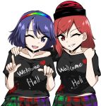  2girls ;d black_collar black_shirt blue_eyes blue_hair clothes_writing collar cowboy_shot erakokyu01 grin heart hecatia_lapislazuli index_finger_raised looking_at_viewer multicolored_clothes multicolored_hair multicolored_skirt multiple_girls one_eye_closed plaid plaid_skirt polos_crown red_eyes red_hair shirt short_hair short_sleeves simple_background skirt smile standing t-shirt tenkyuu_chimata touhou white_background 