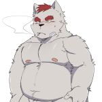 2022 anthro black_nose blush bodily_fluids canid canine grey_body hi_res humanoid_hands kemono male mammal navel nipples overweight overweight_male smoking solo sweat white_body whitebeast20 