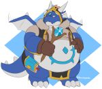  absurd_res anthro belly blue_body blue_scales dragon harushipanda hi_res male multicolored_body overweight overweight_male scales solo tribal_hunter white_body white_scales 