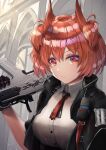  1girl absurdres arknights bangs black_gloves black_jacket breasts building day feather_hair fiammetta_(arknights) gloves gun highres holding holding_gun holding_weapon jacket kantai_collection light_particles looking_at_viewer medium_breasts necktie open_clothes open_jacket outdoors parted_lips red_eyes red_hair red_necktie shirt short_hair short_sleeves solo sunlight tirufuran walkie-talkie weapon white_shirt 