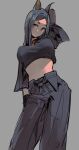  1girl animal_ears arknights arm_behind_head arm_up black_hair black_pants breasts brown_eyes closed_mouth contrapposto crop_top dobermann_(arknights) dog_ears feet_out_of_frame grey_background head_tilt highres large_breasts long_sleeves looking_at_viewer midriff milleyoshio pants simple_background sketch solo standing 
