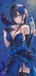  1girl absurdres bare_shoulders between_breasts bird bird_on_hand black_gloves black_hair black_thighhighs blue_background blue_dress blue_eyes blue_flower blue_hair blue_rose blush breasts cleavage collarbone cowboy_shot crow cup dress drink drinking_glass eno_(joqeve) feather_hair_ornament feathers flower garter_straps gloves hair_flower hair_ornament hand_on_hip highres holding holding_cup large_breasts layered_dress looking_at_viewer multicolored_hair o-ring original parted_lips rose short_hair signature simple_background single_glove sleeveless sleeveless_dress smile solo streaked_hair thighhighs two-tone_hair 