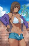  1girl bikini blue_choker blue_eyes blue_shorts blue_sky breasts brown_hair choker cloud dark-skinned_female dark_skin day earrings hai_ookami jacket jewelry large_breasts long_hair looking_at_viewer navel open_fly open_mouth original outdoors purple_jacket shorts sky solo swimsuit white_bikini 