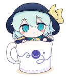  1girl bangs black_headwear closed_mouth cup fumo_(doll) green_eyes green_hair hat hat_ribbon highres in_container komeiji_koishi looking_at_viewer mug rei_(tonbo0430) ribbon simple_background smile solo third_eye touhou white_background yellow_ribbon 