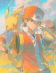  1boy absurdres backpack bag bakutiku brown_eyes brown_hair closed_mouth cloud day hand_on_headwear hat highres holding holding_poke_ball jacket looking_at_viewer male_focus orange_headwear outdoors pikachu poke_ball poke_ball_(basic) pokemon pokemon_(creature) pokemon_(game) pokemon_frlg red_(pokemon) shirt short_hair sky vs_seeker wristband yellow_bag 