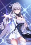  1girl arin_(1010_ssu) bangs black_gloves breasts bronya_zaychik bronya_zaychik_(silverwing:_n-ex) cleavage closed_mouth dress drill_hair earrings gloves grey_eyes grey_hair highres honkai_(series) honkai_impact_3rd jewelry large_breasts long_hair looking_at_viewer outstretched_arm single_glove smile solo thighhighs twin_drills white_dress white_thighhighs 