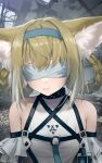  1girl absurdres animal_ears arknights bangs bare_shoulders black_choker blindfold blonde_hair blue_hairband choker commentary_request facing_viewer fox_ears hair_rings hairband highres solo suzuran_(arknights) sweat upper_body welt_(kinsei_koutenkyoku) 